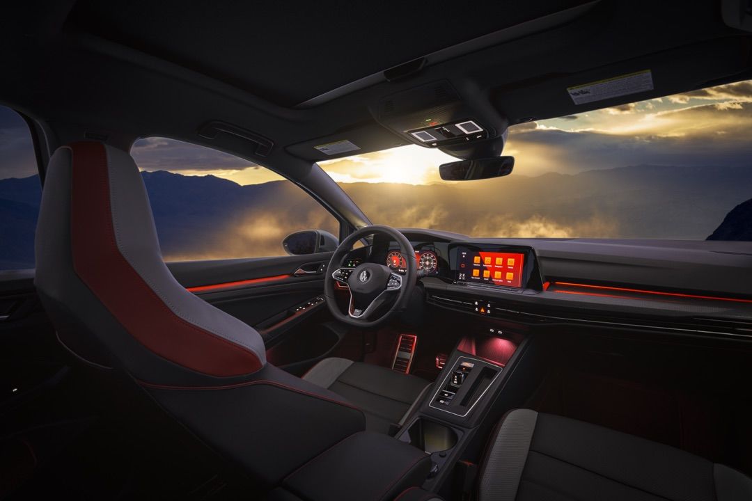 All the instrumentation of a 2022 Golf GTI; view from the middle of the cockpit
