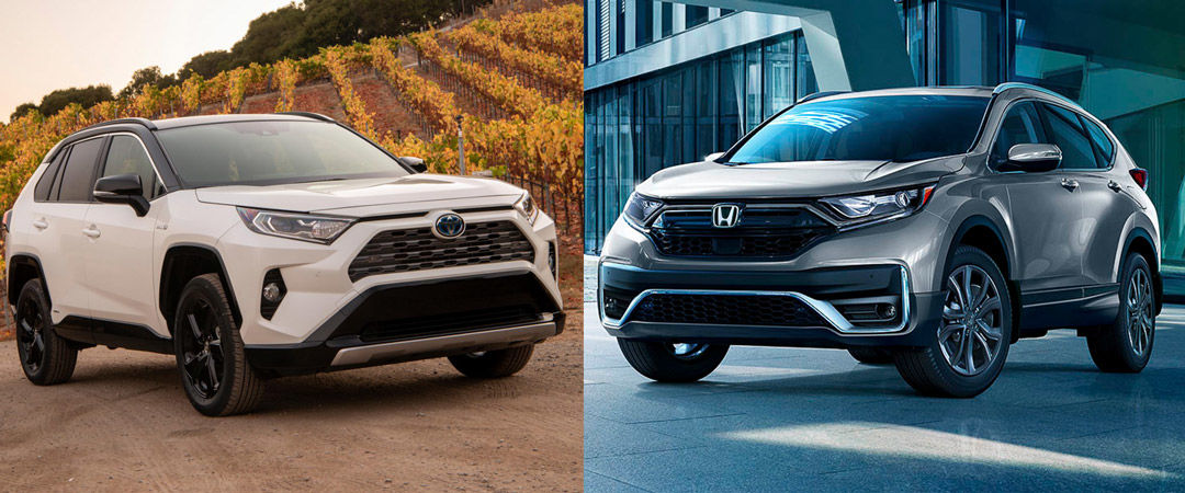 comparatif entre le Toyota RAV4 2021 (gauche) et le Honda CR-V 2021 (droite)