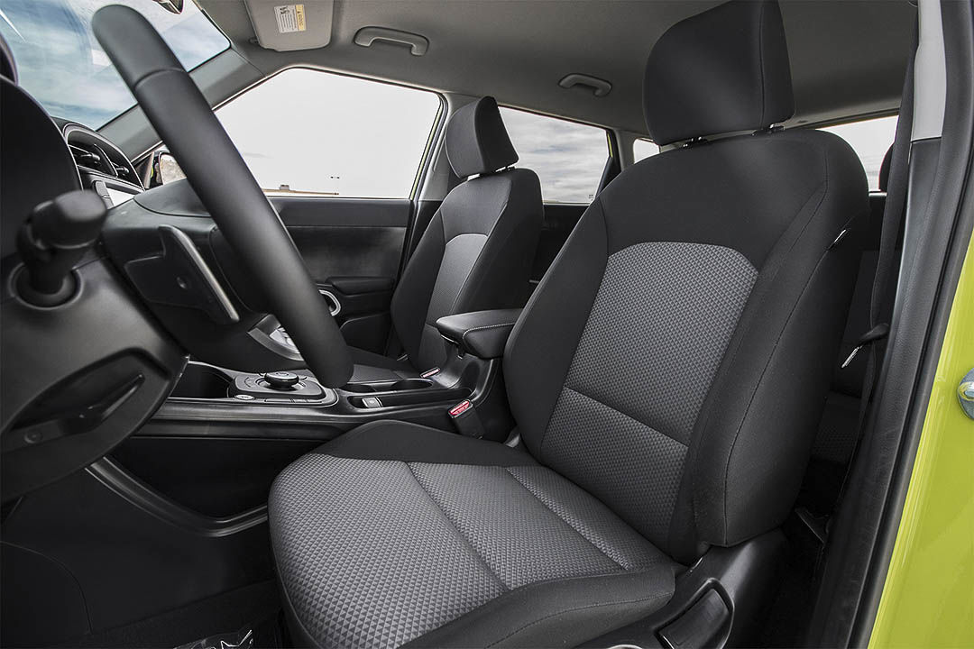 view of the driver seat and steering wheel inside the 2021 Kia Soul EV