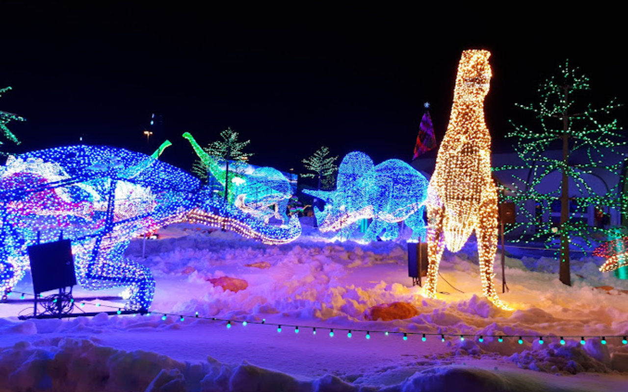 installations lumineuses en forme de dinosaures à Illumi Laval