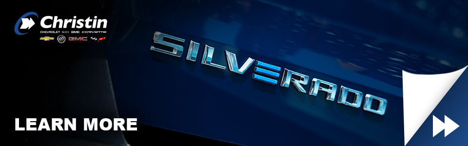 Image showing the logo of the electric Chevrolet Silverado with a CTA button that reads 