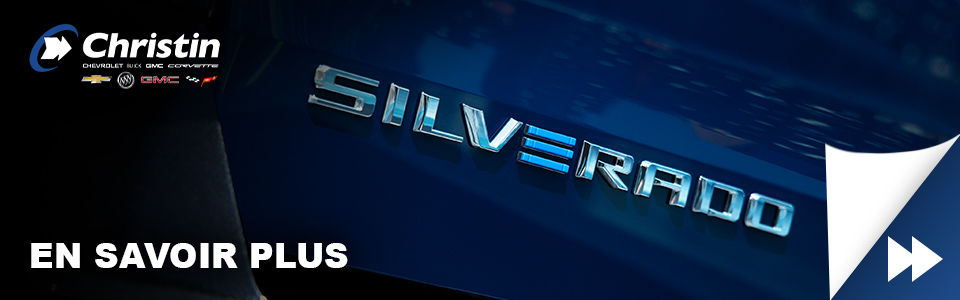 Image ou l'on voit le logo du Chevrolet Silverado électrique sur une image avec un bouton CTA en savoir plus sur le Silverado EV chez Christin Automobile.