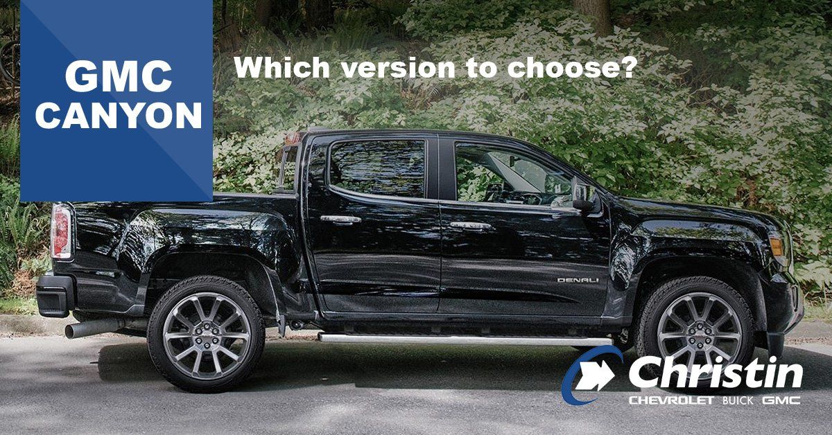 Image with a GMC Canyon, namely the Canyon, the SLE, the SLT, the All-Terrain and the Denali whit a text that says: Which version to choose? Also a bleu banner that says: GMC CANYON 
