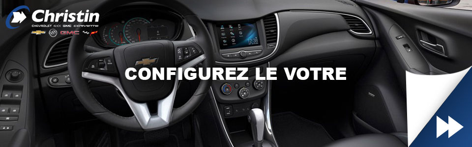 Image qui montre l'intérieur du Trax 2021 avec un texte qui dit: Configurez le votre et le logo de Christin automobile