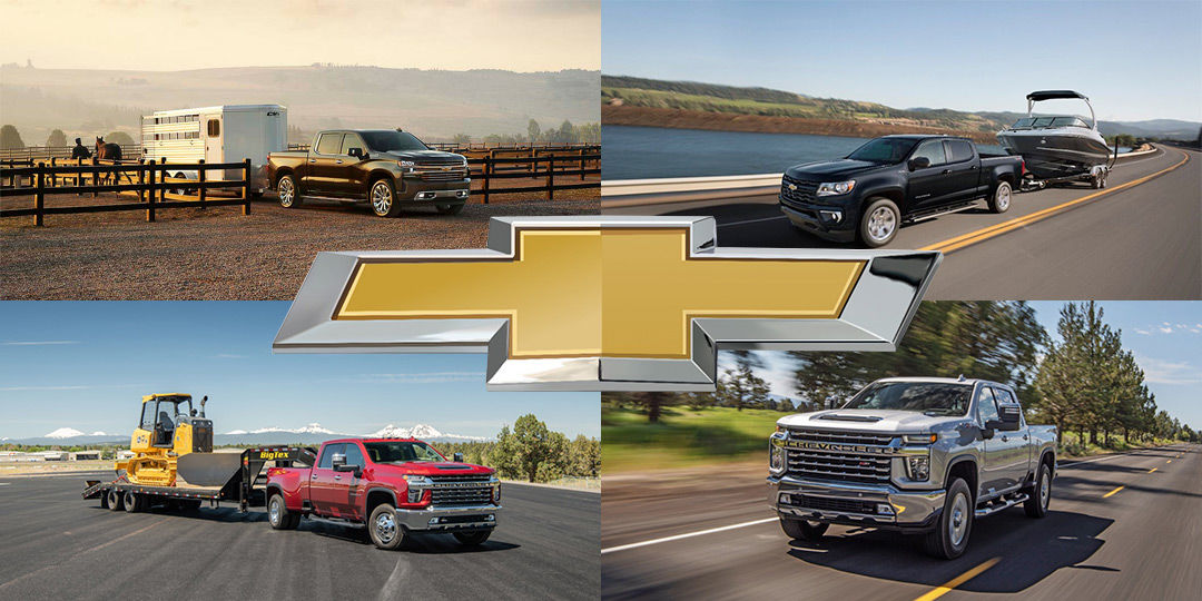 présentation des capacités de remorquage des camions Chevrolet 2021, de gauche à droite et de haut en bas: Silverado 1500, Colorado, Silverado HD 3500, Silverado HD 2500