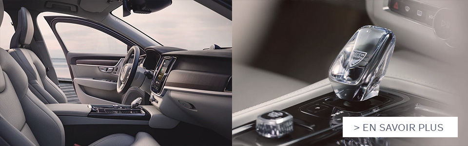 En savoir plus sur la Volvo s90 2022, image de l'intérieur de la voiture avec ses sièges gris et une deuxième image de la boîte de vitesse automatique