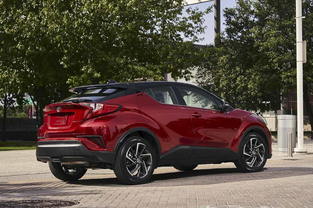 three quarter rear of the parked 2021 Toyota C-HR