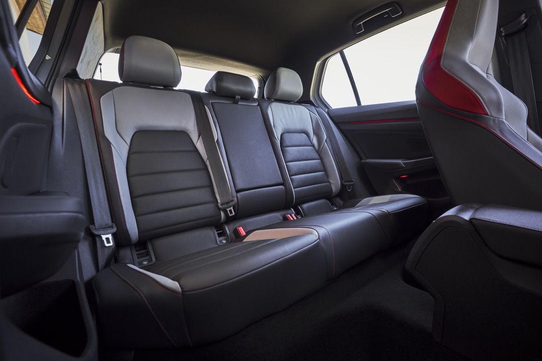 The rear seat with Vienna leather upholstery of the 2022 VW Golf GTI