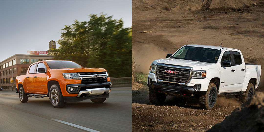 comparatif entre le Chevrolet Colorado 2021 (gauche) et le GMC Canyon 2021 (droite)