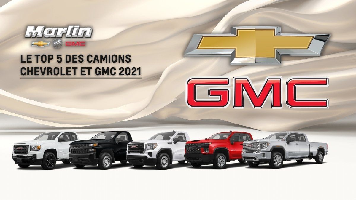 LE TOP 5 DES CAMIONS CHEVROLET ET GMC 2021 devant un grand rideau beige chez Marlin Chevrolet