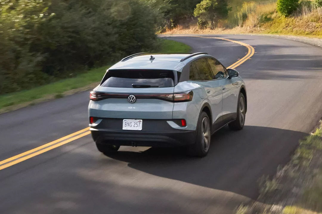 Rear view of the Volkswagen Electric ID4 on the road