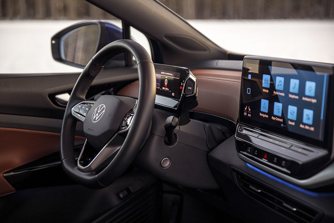 view of the central control panel and the steering wheel inside of the 2021 Volkswagen ID.4