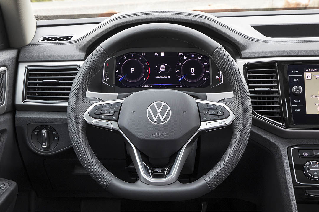 close up view of the steering wheel inside of the 2021 Volkswagen Atlas