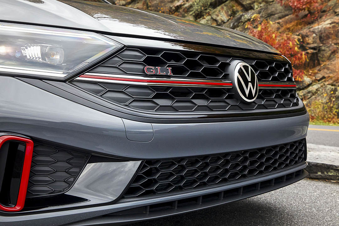 close up front view of the grille of the 2022 Volkswagen Jetta GLI