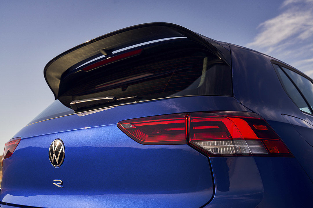 rear view of the 2022 Volkswagen Golf R and its spoiler