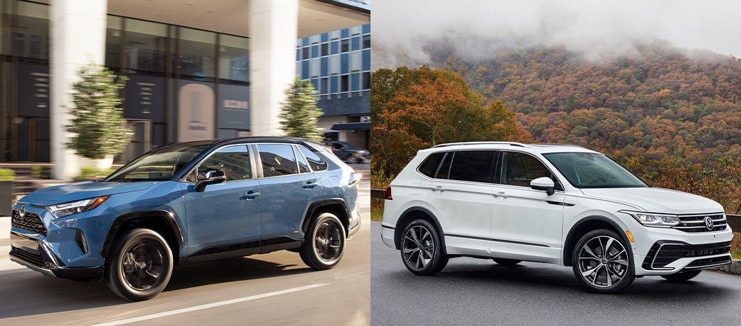 comparing the 2022 Toyota RAV4 (left) to the 2022 Volkswagen Tiguan (right)