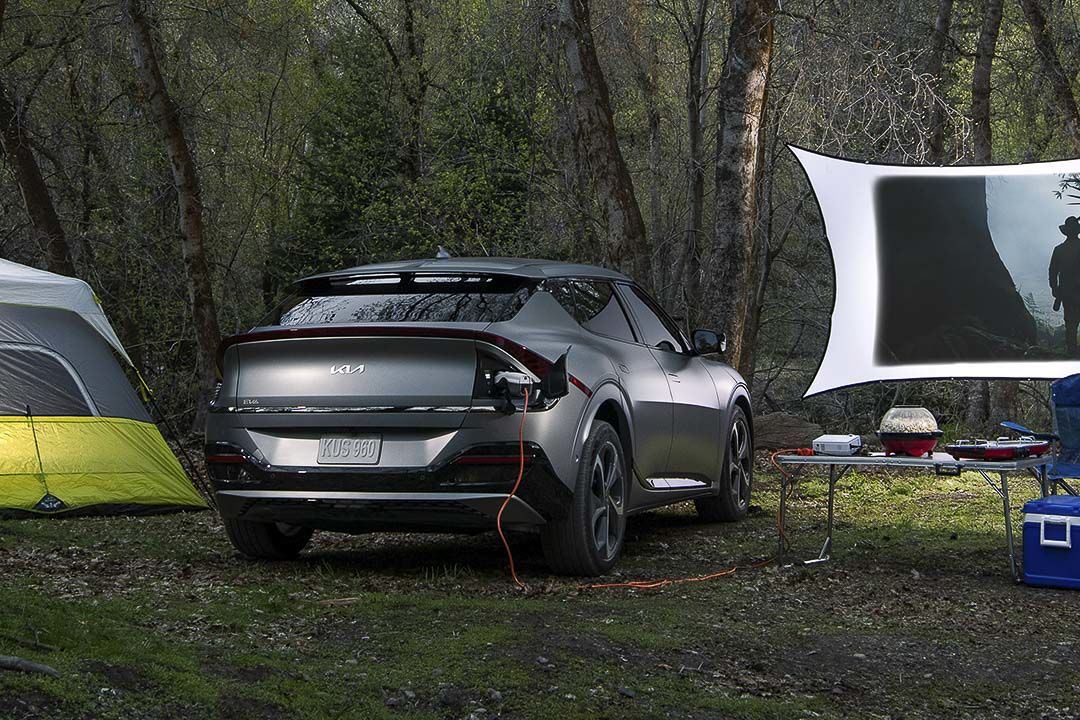 lateral rear view of the 2022 Kia EV6 on the camping ground