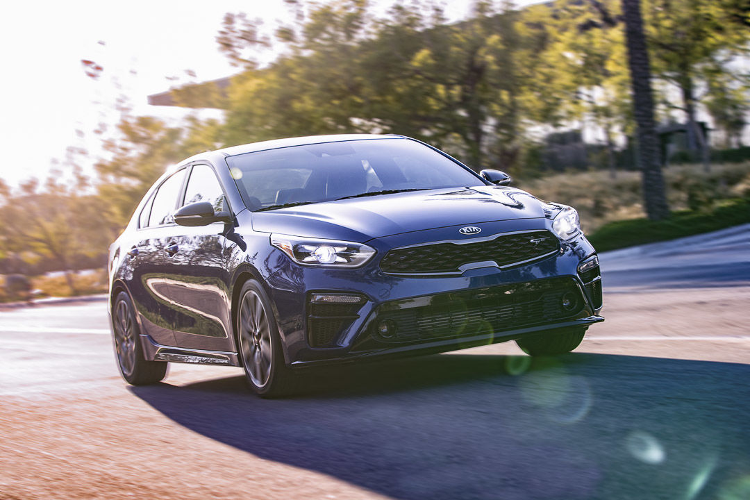 three quarter front view of the 2020 Kia Forte GT