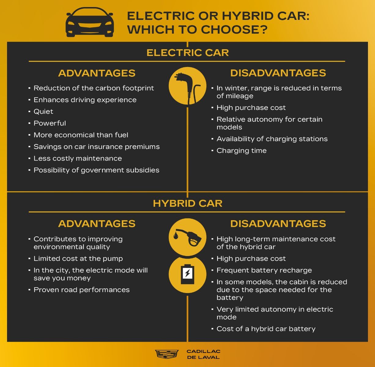 Summary table comparing the advantages and disadvantages of electric and hybrid cars