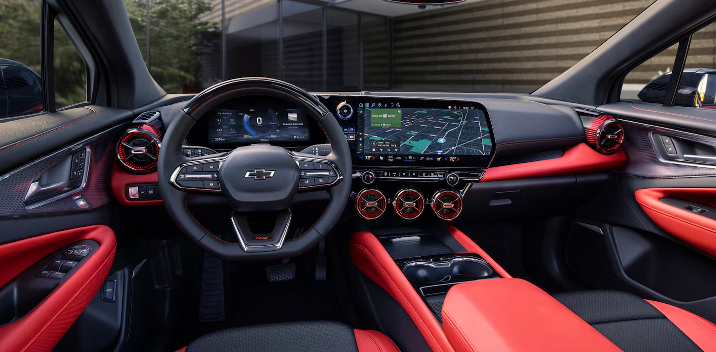 Super Cruise technology. 18-inch vehicle screen. Chevrolet Blazer EV technology. 2024 Chevrolet Blazer interior design.