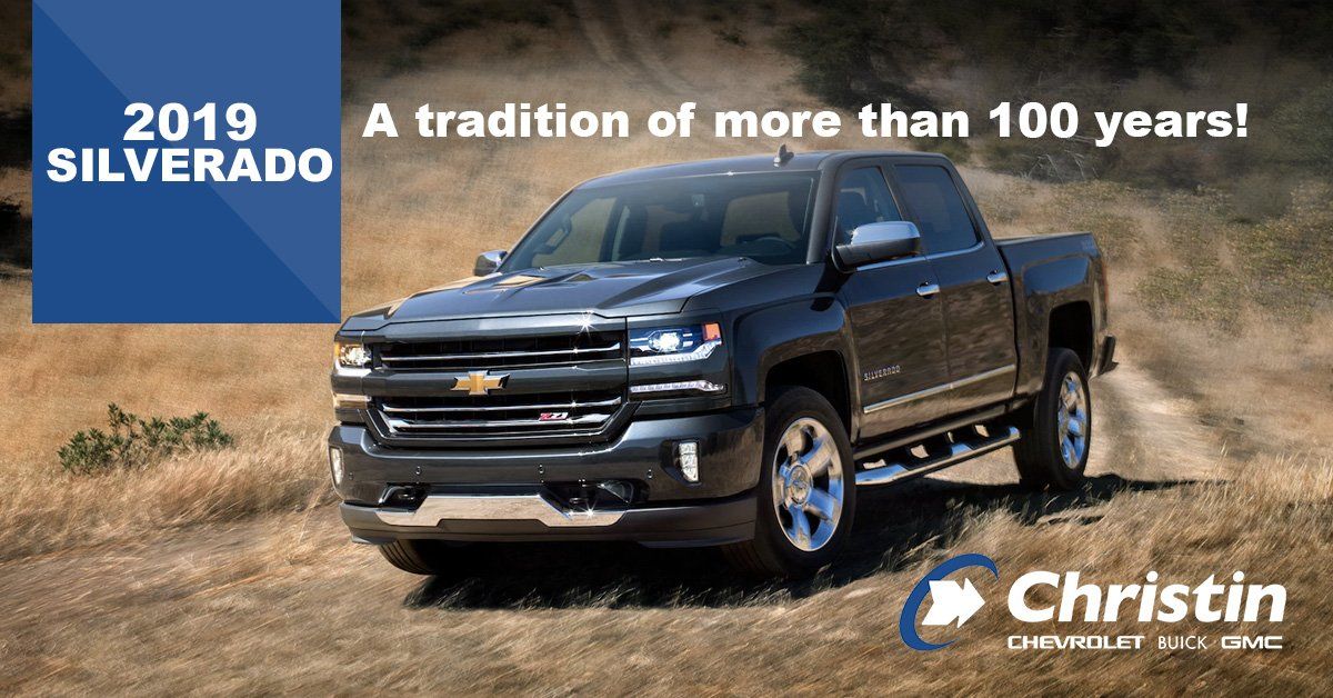 Image of the 2019 Silverado truck with a text that says: ''A tradition of more than 100 years''