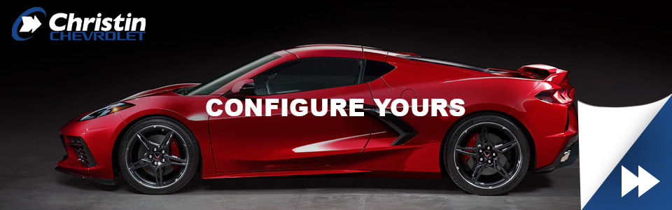 The all-new 2020 Chevrolet Corvette Stingray in red with text that says: Configure yours and the Christin Automobile logo