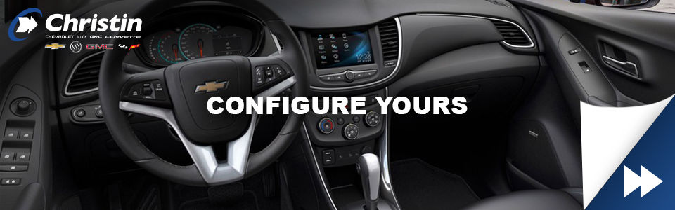 Image showing the interior of the Trax 2021 with a text that says: Configure your own and the logo of Christin automobile