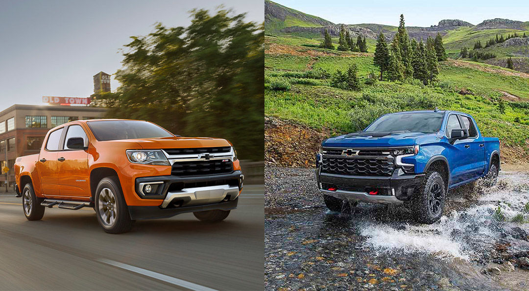 Comparatif entre le Chevrolet Colorado 2022 (gauche) et le Chevrolet Silverado 2022 (droite)