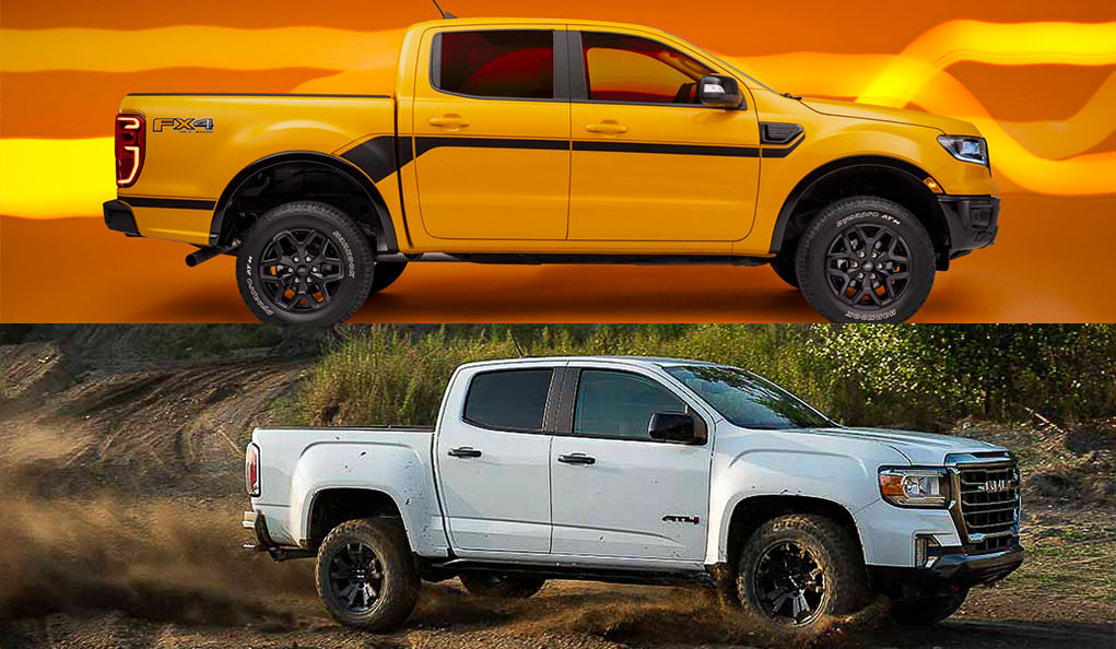 Comparatif entre le Ford Ranger 2022 (haut) et le GMC Canyon 2022 (bas)