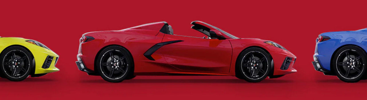 bannière avec une chaine de Corvettes Stingray 2023 de différentes couleurs