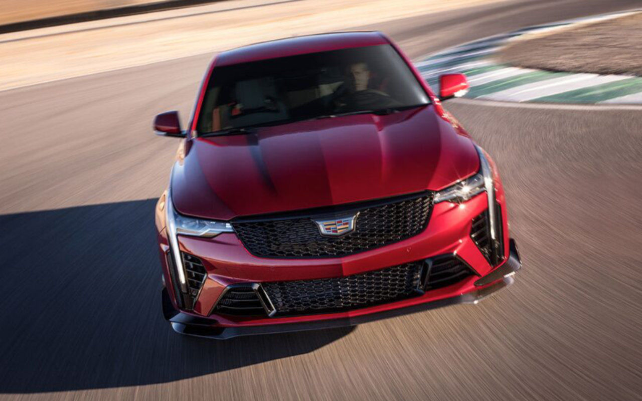 front view of a 2023 Cadillac CT4-V on a racetrack