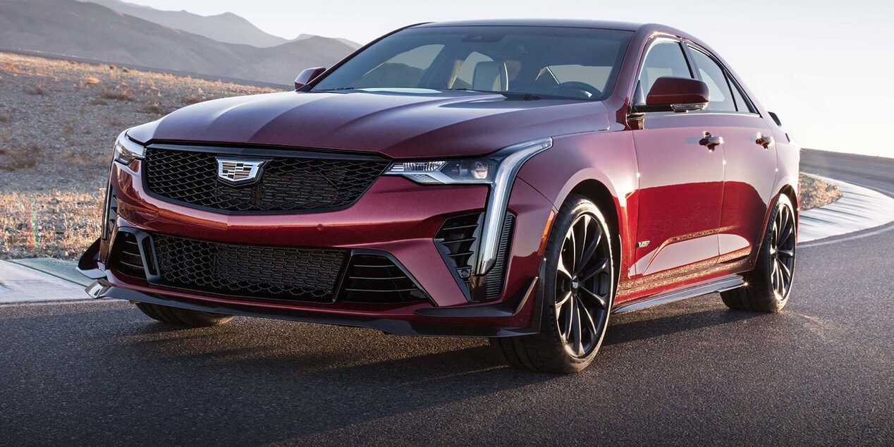 front side view of a 2023 Cadillac CT4-V on the road