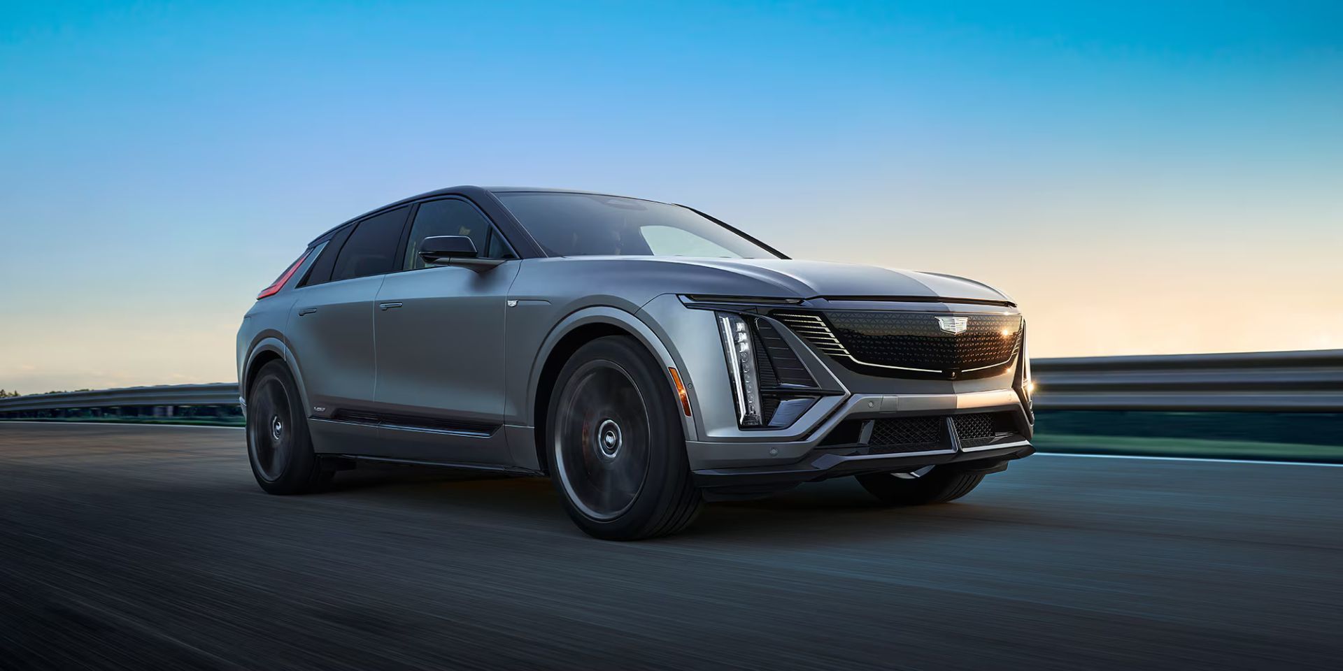 front lateral view of a 2026 Cadillac Lyriq-V on the road