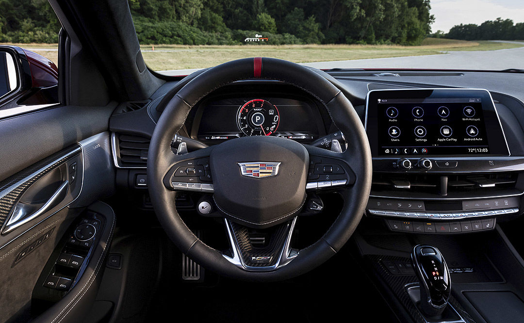view of the steering wheel and the central screen inside of the 2022 Cadillac CT5-V Blackwing