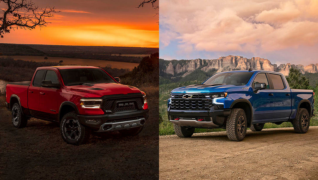 comparatif entre le RAM 1500 2022 (gauche) et le Chevrolet Silverado 1500 2022 (droite)