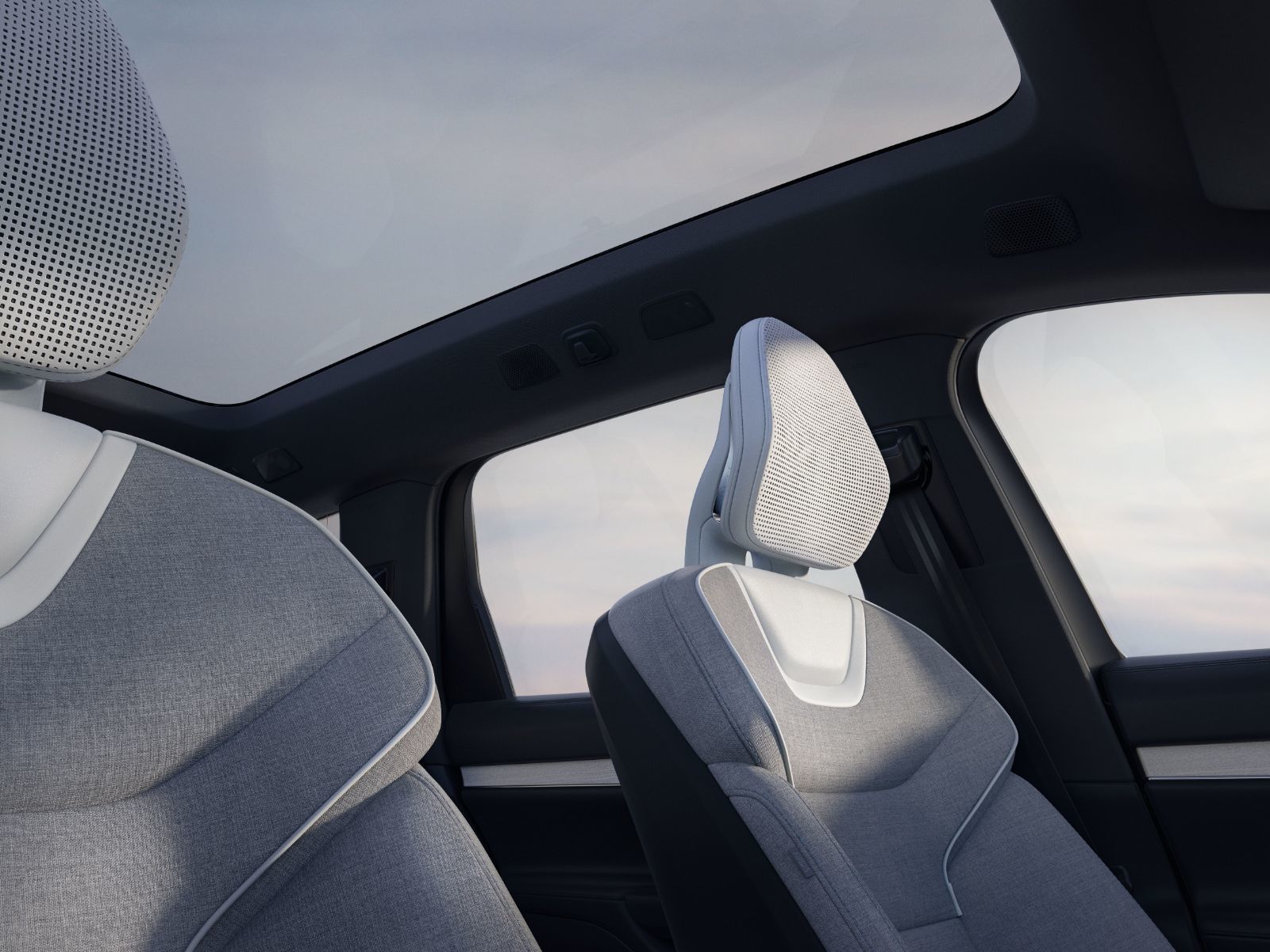 grey mid-size electric suv 2023 volvo EX90 interior seats near fjord laval