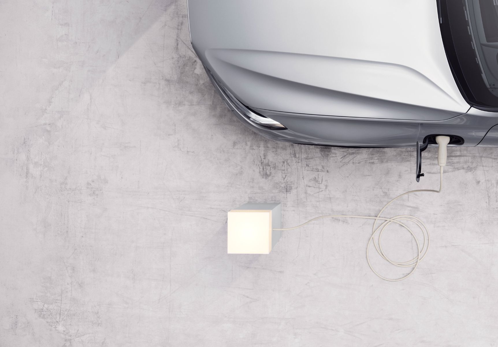 top view, electric charging, Volvo XC60, plug-in cable, minimalistic design, vue de dessus, recharge électrique, Volvo XC60, câble de branchement, design minimaliste,