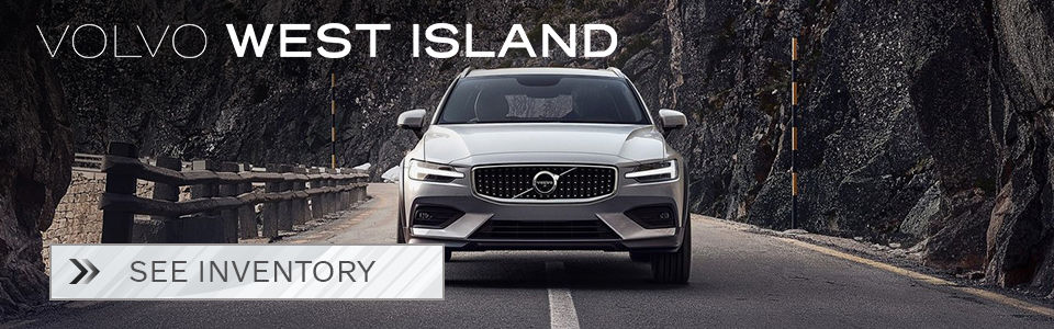 View inventory: image of a grey volvo v60 cross country seen from the front. West-Island dealership