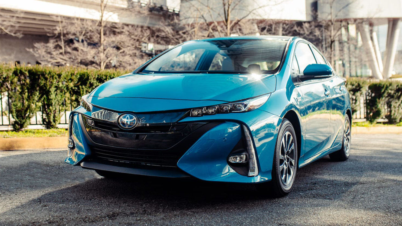 front side view of a 2022 Toyota Prius Prime in an entryway