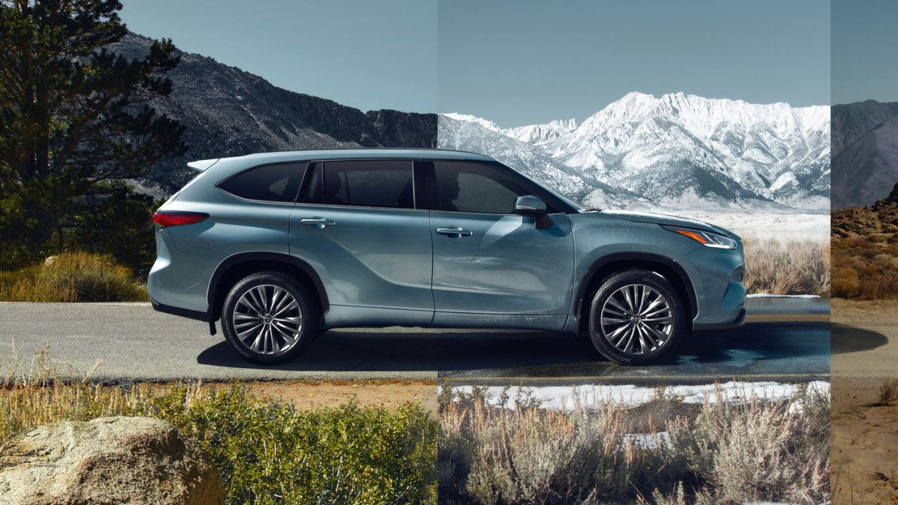 stylized view of a 2023 Toyota Highlander with a landscape background split in different seasons