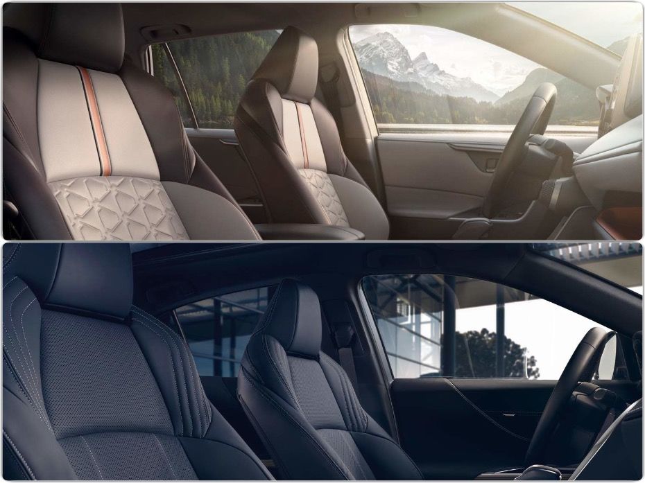 comparison between the front seat of the 2021 Toyota RAV4 beige at the top and the Toyota Venza 2021 black at the bottom