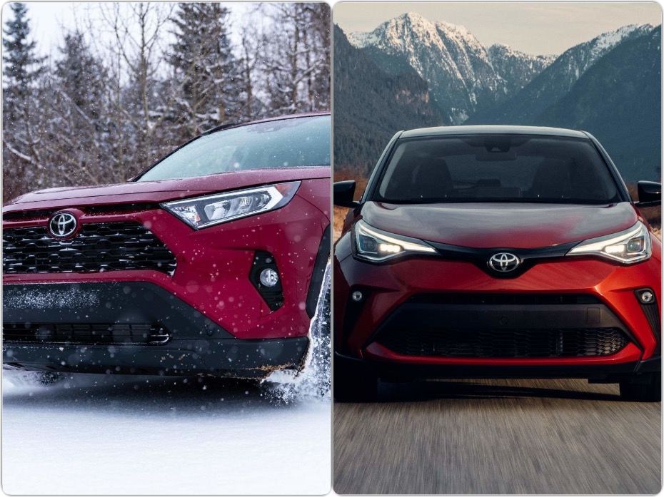 comparaison entre le Toyota RAV4 2021 rouge pendant la saison hivernale et le Toyota C-HR 2021 rouge sur l'autoroute