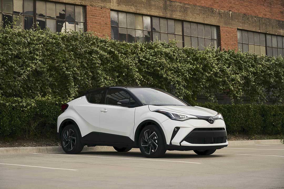 three quarter front view of the parked 2021 Toyota C-HR