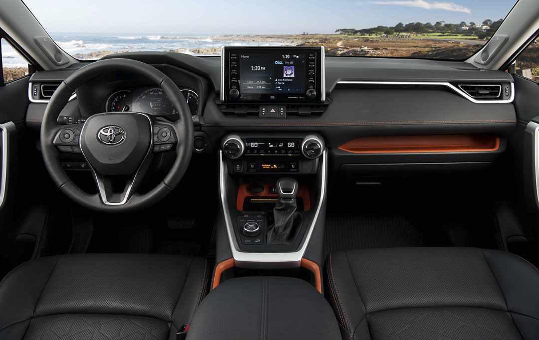 Inside view of the front row seat inside of the 2021 Toyota RAV4