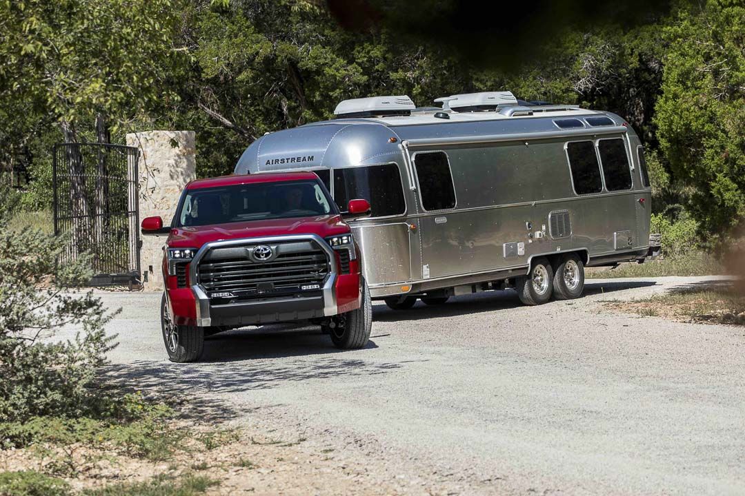 front view of the 2022 Toyota Tundra towing a travel trailer