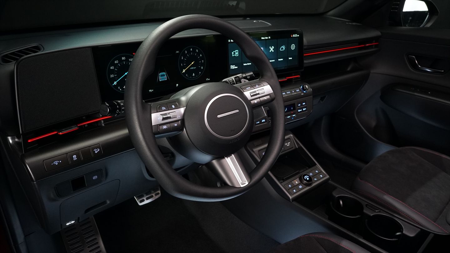 2025 Hyundai Kona - close-up interior view of the 2025 Hyundai Kona N Line steering wheel and dashboard - Cooksville Hyundai - Hyundai car dealership in Mississauga, Ontario