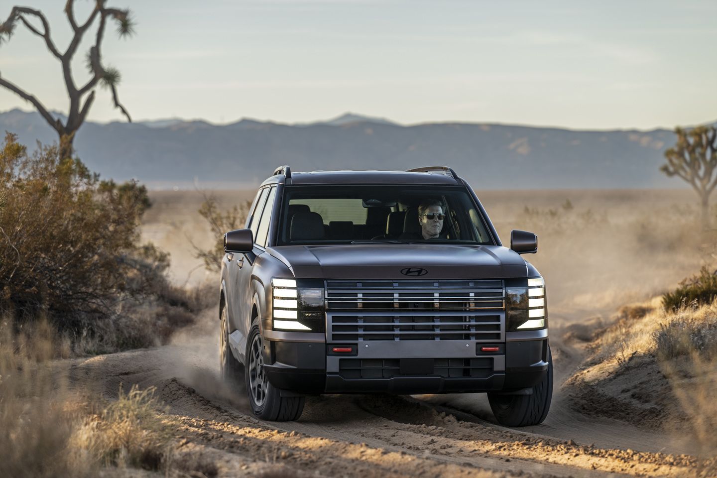 2026 Hyundai Palisade - front view of a matte brown 2026 Hyundai Palisade XRT Pro driving on an off-road trail - Woodstock Hyundai - Hyundai car dealership in Woodstock, ON