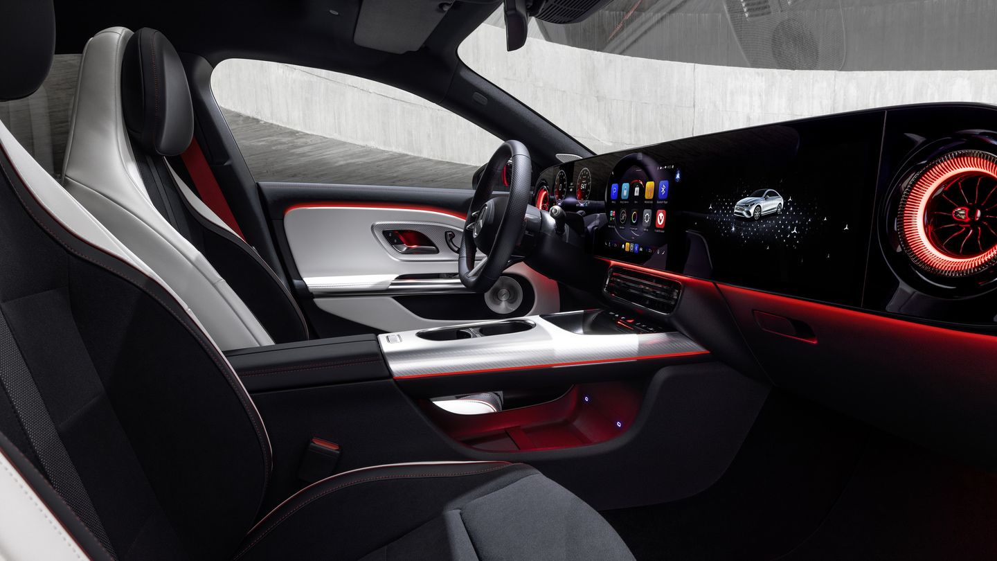 2026 Mercedes-Benz CLA Class - interior view of the 2026 Mercedes-Benz CLA Class with red ambient lighting - Mercedes-Benz Brampton - Mercedes-Benz car dealership in Brampton, Ontario