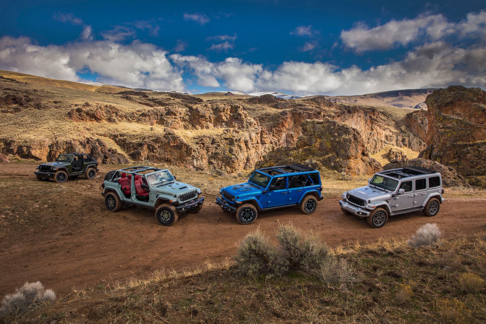 2025 Jeep Wrangler - a lineup of four different colored 2025 Jeep Wranglers on a dirt trail in a rocky, arid landscape - Cooksville Dodge Chrysler Jeep Ram - Jeep car dealership in Mississauga, Ontario