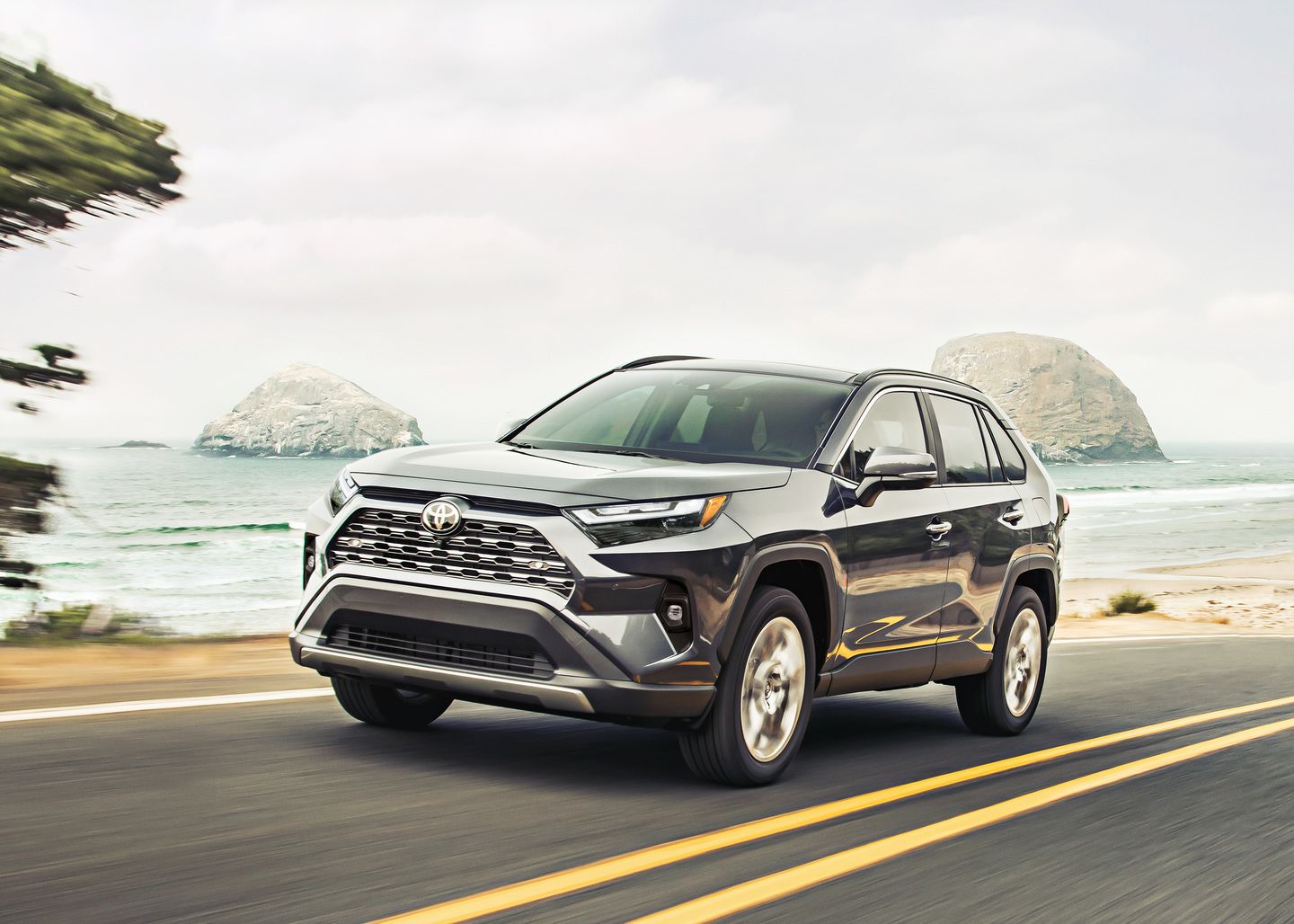 2025 Toyota RAV4 - a grey SUV driving on a coastal highway - Humberview Group - new car dealerships in Ontario